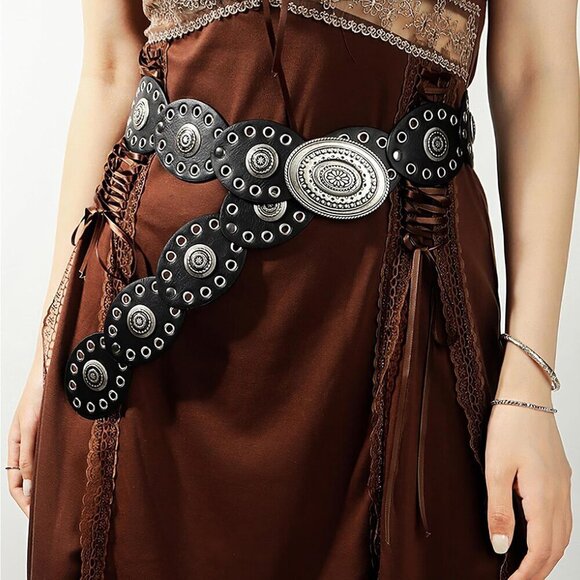 Women Leather Western Belt Concho Buckle Vintage Boho Festival Dress main image 7